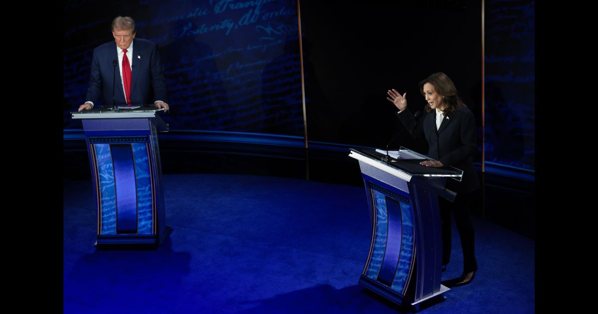 Republican presidential nominee, former U.S. President Donald Trump and Democratic presidential nominee, U.S. Vice President Kamala Harris debate for the first time during the presidential election campaign at The National Constitution Center on September 10, 2024 in Philadelphia, Pennsylvania.