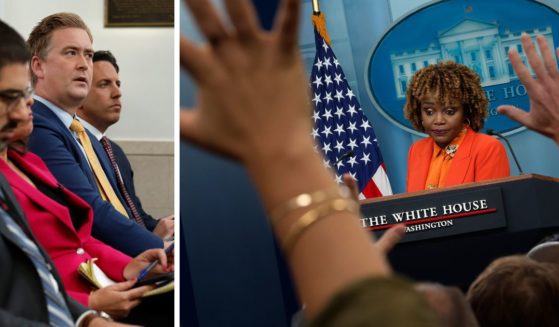 (L) FOX News correspondent Peter Doocy goes back and forth with Press Secretary Karine Jean-Pierre about the use of the word "dangerous" when talking about former President Donald Trump during the daily press conference at the White House on September 17, 2024 in Washington, DC. (R) White House Press Secretary Karine Jean-Pierre fields reporters' questions during the daily press conference at the White House on September 17, 2024 in Washington, DC.