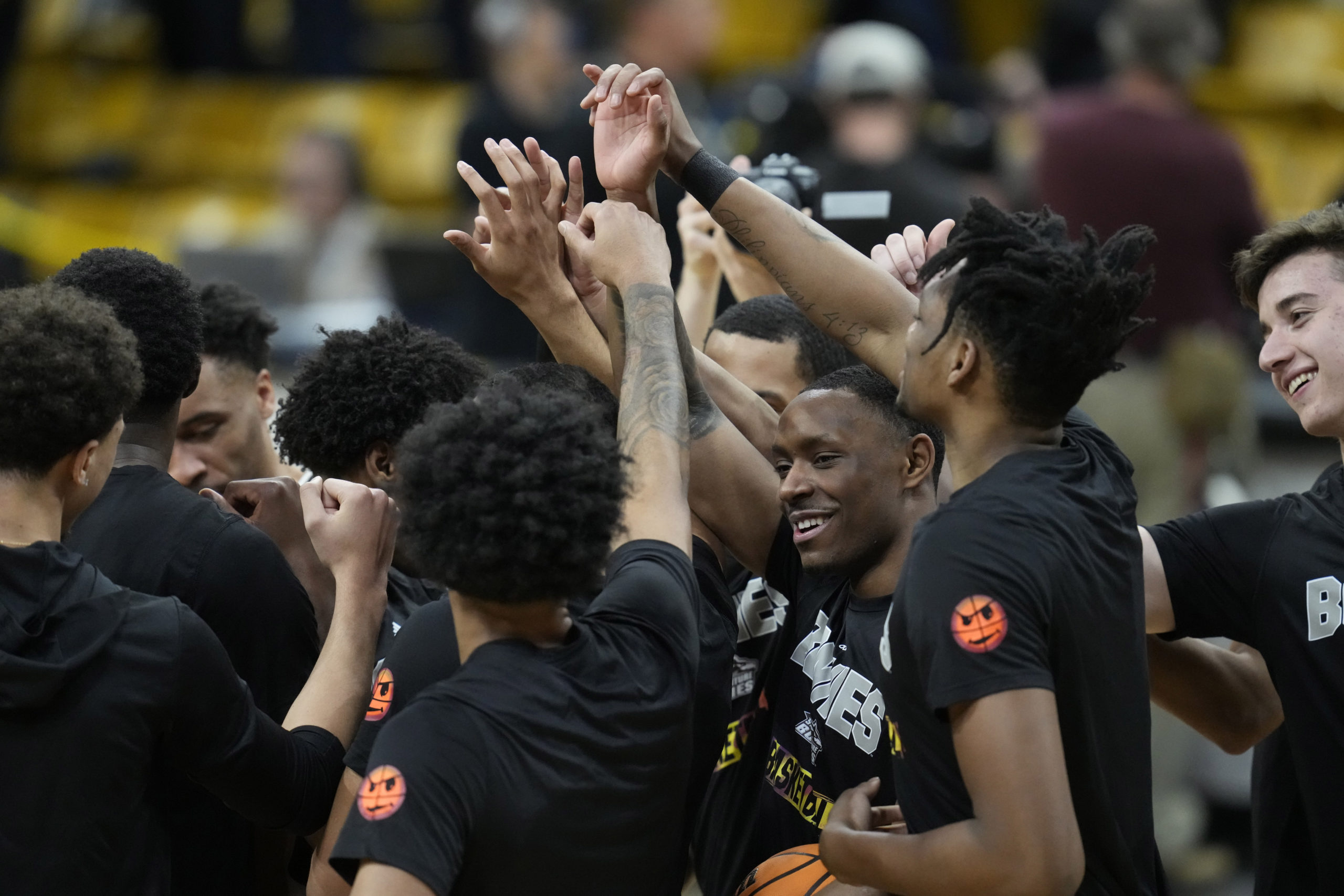 St. Bonaventure players huddle in the first half of a National Invitational Tournament basketball game on Tuesday, March 15, 2022, in Boulder, Colorado.