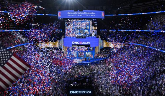 Balloons fall as US Vice President and Democratic presidential candidate Kamala Harris concludes her remarks at the end of the fourth and last day of the Democratic National Convention (DNC) at the United Center in Chicago, Illinois, on August 22, 2024.