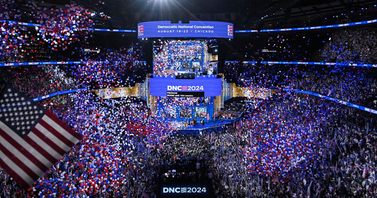 Balloons fall as US Vice President and Democratic presidential candidate Kamala Harris concludes her remarks at the end of the fourth and last day of the Democratic National Convention (DNC) at the United Center in Chicago, Illinois, on August 22, 2024.