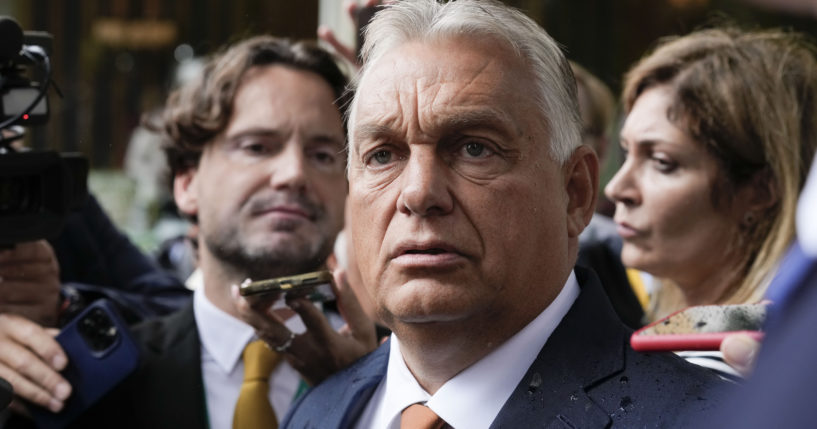 Hungarian Prime Minister Viktor Orban talks to reporters at The European House Ambrosetti (TEHA) economic forum in Cernobbio, Como Lake, Italy on Friday.