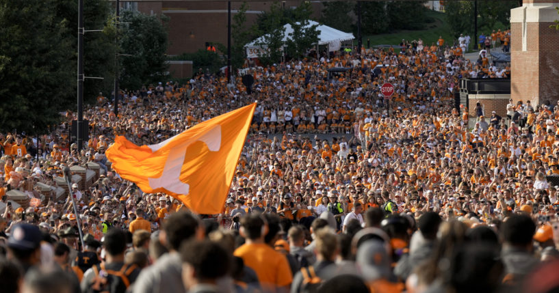 Tennessee fans gather outside Neyland Stadium before an NCAA college football game between Tennessee and Kent State on Saturday in Knoxville, Tennessee.