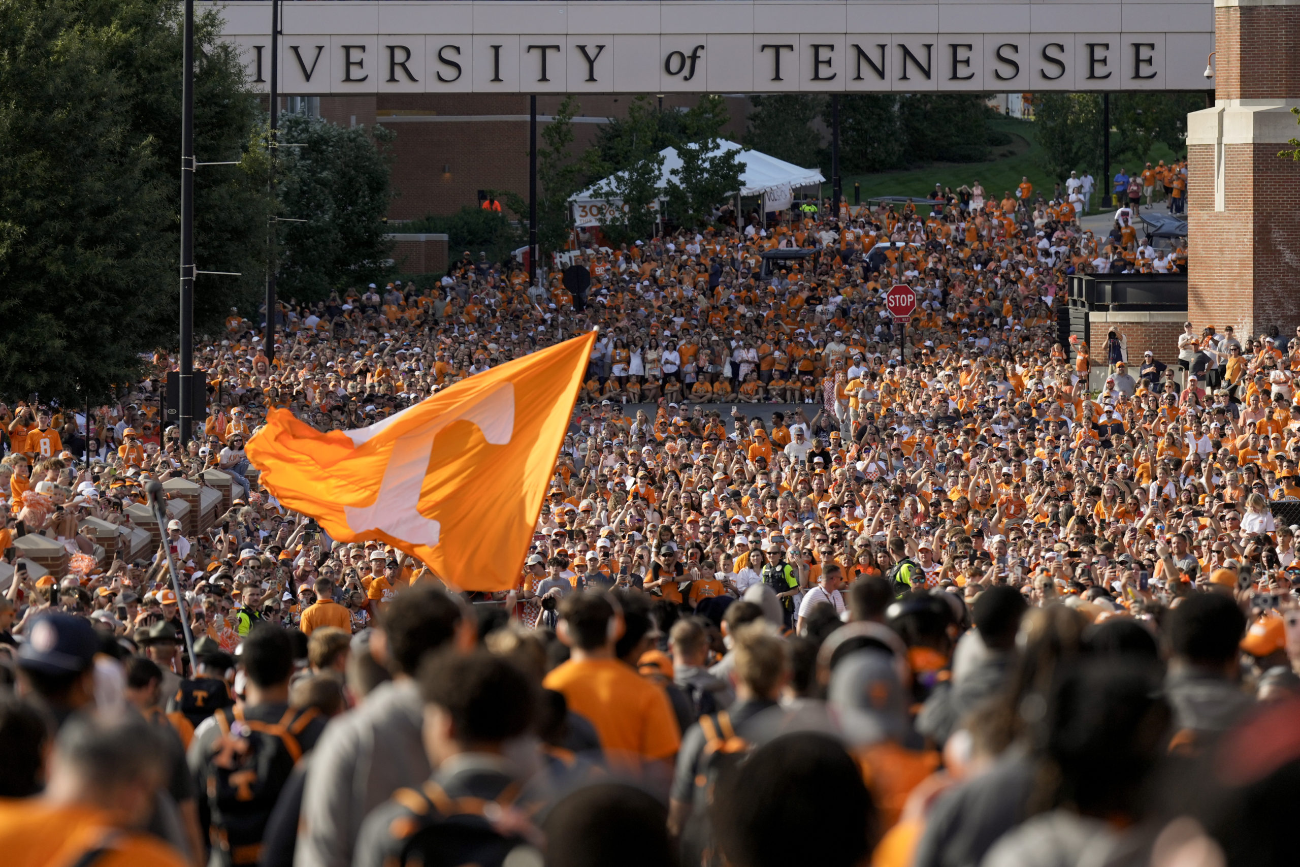 Tennessee fans gather outside Neyland Stadium before an NCAA college football game between Tennessee and Kent State on Saturday in Knoxville, Tennessee.