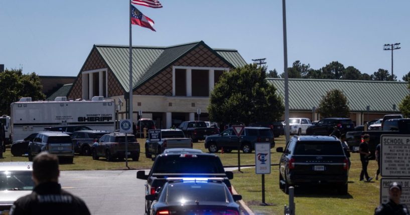 Law enforcement and first responders respond to Apalachee High School in Winder, Georgia, on September 4, 2024, after a shooting was reported.