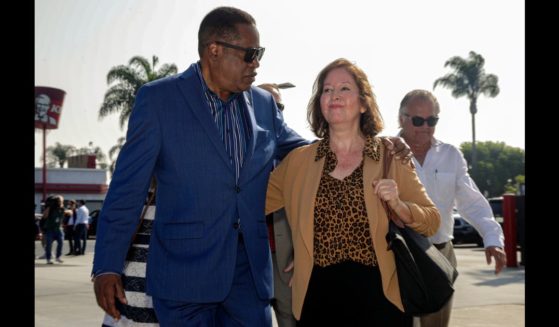 Gubernatorial candidate Larry Elder, left, and Gloria Romero, former California state Senate majority leader, after a press conference held at SC Fuels Gas Station on Tuesday, Sept. 7, 2021 in El Monte, CA.