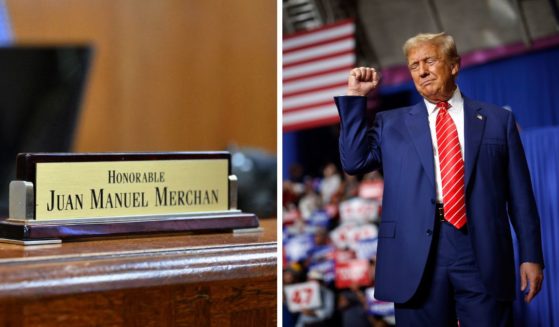 (L) A general view shows Judge Juan Manuel Merchan's courtroom at Manhattan Criminal Court in New York City on March 12, 2024. (R) Republican presidential nominee, former U.S. President Donald Trump takes the stage during a campaign rally in the 1st Summit Arena at the Cambria County War Memorial on August 30, 2024 in Johnstown, Pennsylvania.