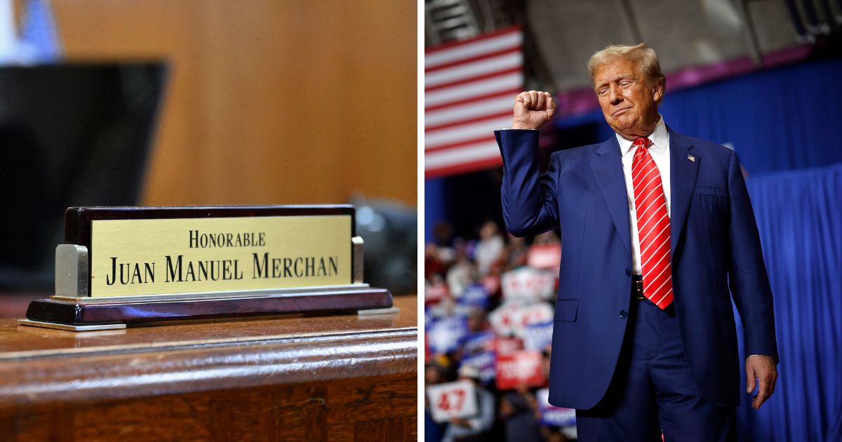 (L) A general view shows Judge Juan Manuel Merchan's courtroom at Manhattan Criminal Court in New York City on March 12, 2024. (R) Republican presidential nominee, former U.S. President Donald Trump takes the stage during a campaign rally in the 1st Summit Arena at the Cambria County War Memorial on August 30, 2024 in Johnstown, Pennsylvania.