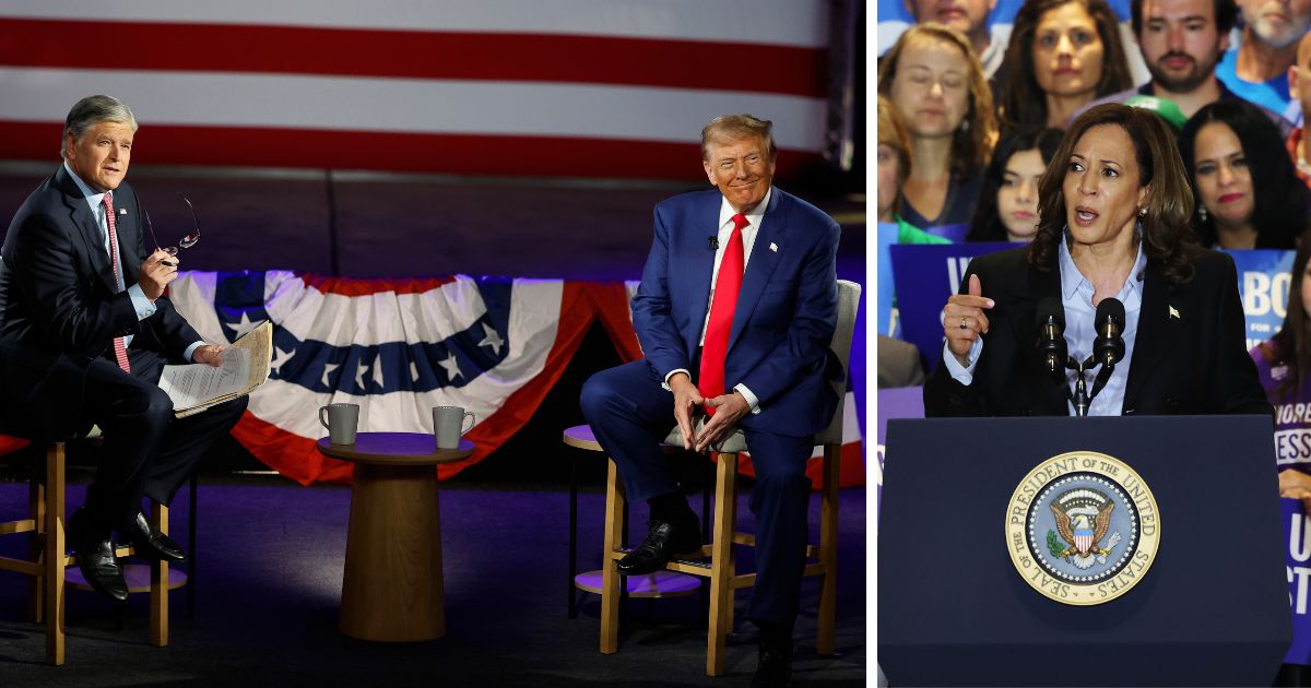 (L) Republican presidential nominee, former U.S. President Donald Trump participates in a Fox News Town Hall with Sean Hannity at the New Holland Arena on September 4, 2024 in Harrisburg, Pennsylvania. (R) Democratic presidential nominee, U.S. Vice President Kamala Harris speaks during a campaign event at IBEW Local Union #5 on September 2, 2024 in Pittsburgh, Pennsylvania.