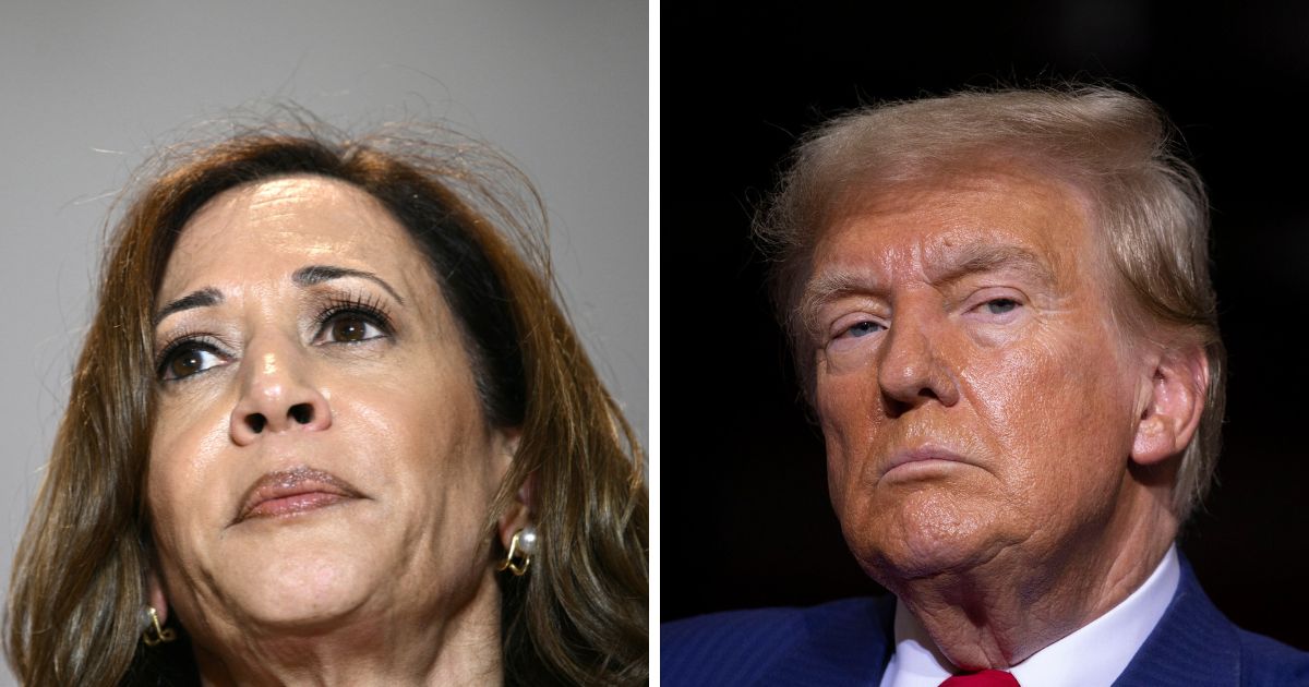 (L) US Vice President and Democratic presidential candidate Kamala Harris looks on during a campaign rally at the International Brotherhood of Electrical Workers (IBEW) Local 5 in Pittsburgh, Pennsylvania, on September 2, 2024. (R) Former U.S. President and current Republican Presidential nominee Donald Trump speaks about the economy, inflation, and manufacturing during a campaign event at Alro Steel on August 29, 2024 in Potterville, Michigan.