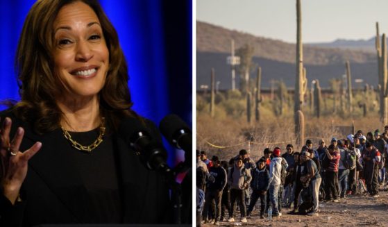 (L) US Vice President and Democratic nominee for President Kamala Harris speaks at an event hosted by The Economic Club of Pittsburgh at Carnegie Mellon University on September 25, 2024 in Pittsburgh, Pennsylvania. (R) Immigrants line up at a remote U.S. Border Patrol processing center after crossing the U.S.-Mexico border on December 7, 2023 in Lukeville, Arizona.