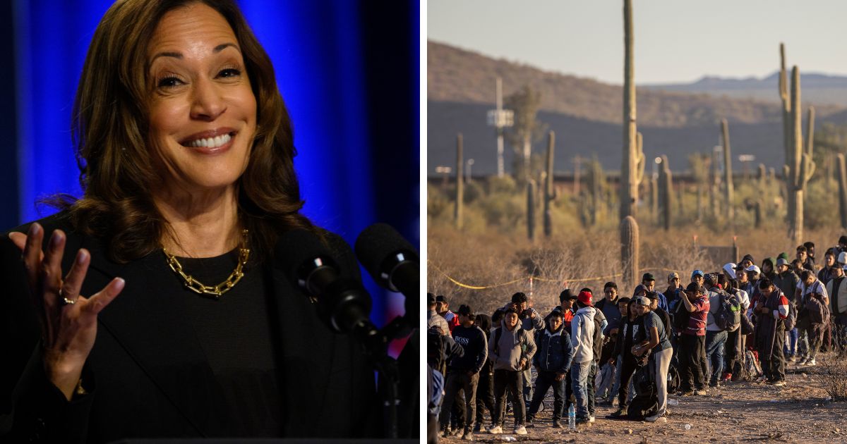 (L) US Vice President and Democratic nominee for President Kamala Harris speaks at an event hosted by The Economic Club of Pittsburgh at Carnegie Mellon University on September 25, 2024 in Pittsburgh, Pennsylvania. (R) Immigrants line up at a remote U.S. Border Patrol processing center after crossing the U.S.-Mexico border on December 7, 2023 in Lukeville, Arizona.