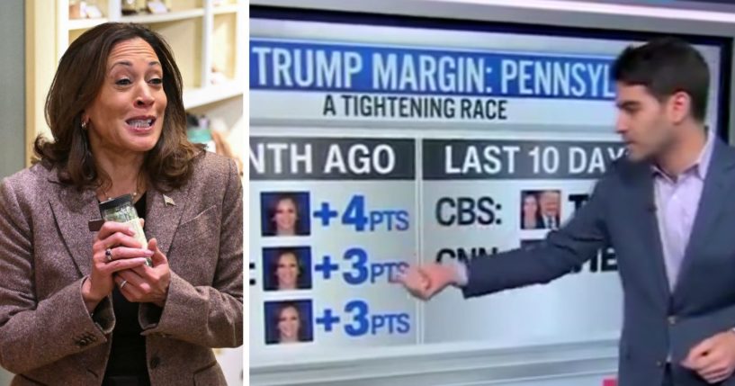 (L) US Vice President and 2024 Democratic presidential candidate Kamala Harris holds a spice bottle during a campaign stop at Penzeys Spices in Pittsburgh, Pennsylvania, on September 7, 2024. (R) This X screen shot shows a segment from CNN where data analyst Harry Enten breaks down the race for swing state Pennsylvania.