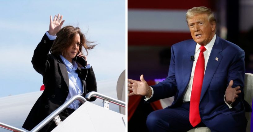 (L) Democratic presidential nominee Vice President Kamala Harris arrives to board Air Force Two to travel to Detroit and Pittsburgh for campaign events, at Joint Base Andrews, Maryland, on September 2, 2024. (R) Republican presidential nominee, former U.S. President Donald Trump participates in a Fox News Town Hall with Sean Hannity at the New Holland Arena on September 4, 2024 in Harrisburg, Pennsylvania.