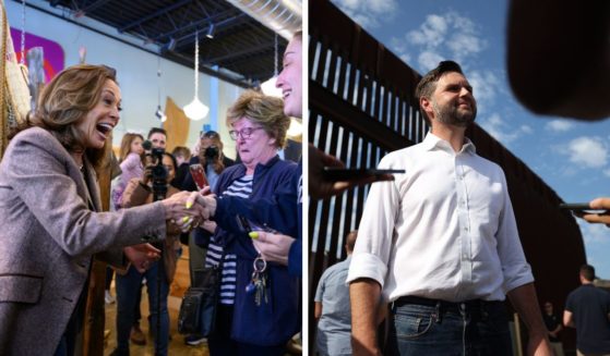 (L) US Vice President and 2024 Democratic presidential candidate Kamala Harris greets people during a campaign stop at Penzeys Spices in Pittsburgh, Pennsylvania, on September 7, 2024. (R) Republican vice presidential nominee, U.S. Sen. J.D. Vance (R-OH) speaks to reporters in front of the border wall with Mexico on September 6, 2024 in San Diego, California.