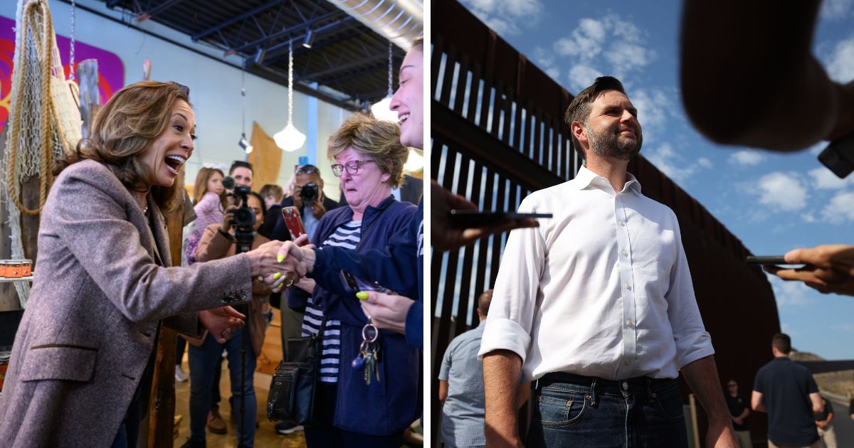 (L) US Vice President and 2024 Democratic presidential candidate Kamala Harris greets people during a campaign stop at Penzeys Spices in Pittsburgh, Pennsylvania, on September 7, 2024. (R) Republican vice presidential nominee, U.S. Sen. J.D. Vance (R-OH) speaks to reporters in front of the border wall with Mexico on September 6, 2024 in San Diego, California.