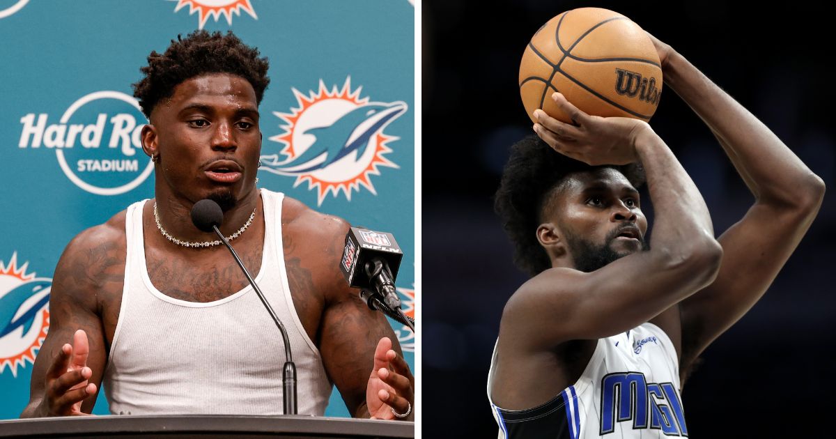 (L) Wide Receiver Tyreek Hill #10 of the Miami Dolphins addresses the media during the post-game press conference after playing the Jacksonville Jaguars at Hard Rock Stadium on September 8, 2024 in Miami Gardens, Florida. (R) Jonathan Isaac #1 of the Orlando Magic shoots a free throw during the second half of an NBA game against the Charlotte Hornets at Spectrum Center on March 5, 2024 in Charlotte, North Carolina.