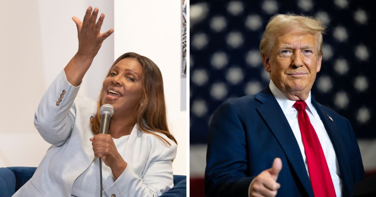 (L) New York State Attorney General Letitia James attends The Push Back: Project 2025 at the Richard Beavers Gallery on September 16, 2024 in New York City. (R) Republican presidential nominee, former U.S. President Donald Trump gives a thumbs up as he arrives for a campaign rally at the Mosack Group warehouse on September 25, 2024 in Mint Hill, North Carolina.