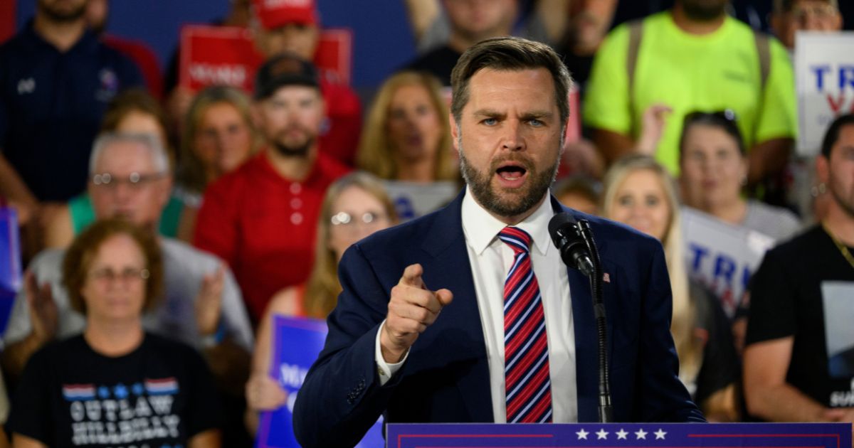 Republican vice presidential nominee, U.S. Sen. J.D. Vance (R-OH) speaks at a rally at trucking company, Team Hardinger on August 28, 2024 in Erie, Pennsylvania.