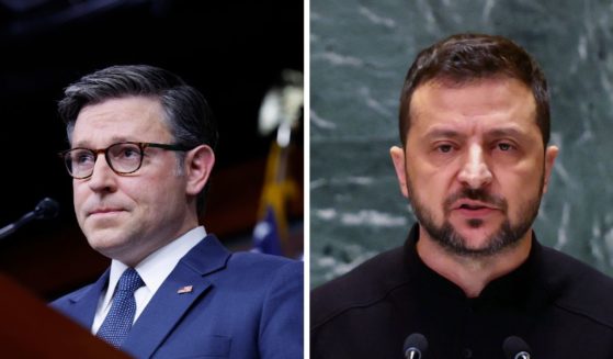 (L) U.S. Speaker of the House Mike Johnson (R-LA) speaks during a news conference after a House Republican Caucus meeting at the U.S. Capitol on September 24, 2024 in Washington, DC. (R) Ukraine President Volodymyr Zelensky addresses world leaders during the United Nations General Assembly (UNGA) at the United Nations headquarters on September 25, 2024 in New York City.