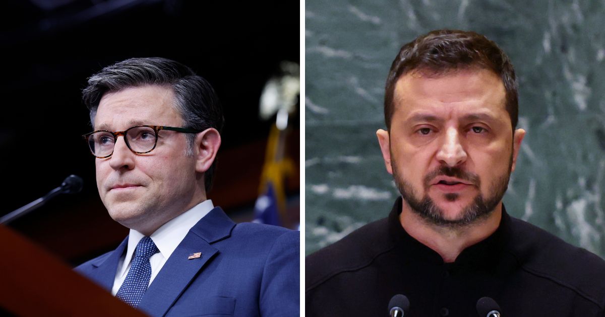 (L) U.S. Speaker of the House Mike Johnson (R-LA) speaks during a news conference after a House Republican Caucus meeting at the U.S. Capitol on September 24, 2024 in Washington, DC. (R) Ukraine President Volodymyr Zelensky addresses world leaders during the United Nations General Assembly (UNGA) at the United Nations headquarters on September 25, 2024 in New York City.