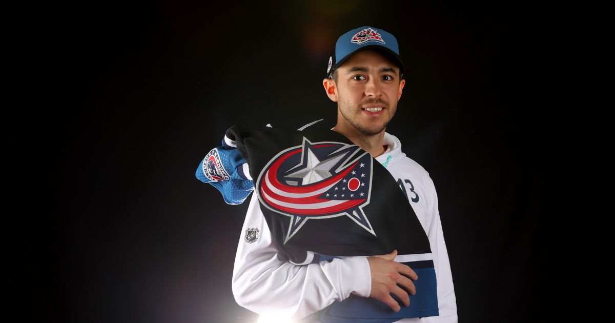 Johnny Gaudreau #13 of the Columbus Blue Jackets poses for a portrait prior to the 2023 NHL All-Star Game at FLA Live Arena on February 4, 2023 in Sunrise, Florida.