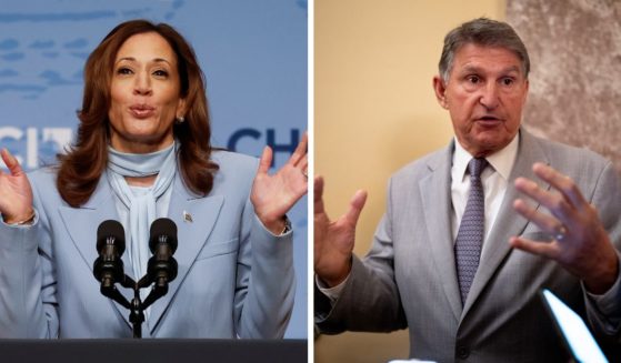 (L) Democratic presidential nominee, U.S. Vice President Kamala Harris delivers remarks at the Congressional Hispanic Caucus Institute's 47th Annual Leadership Conference at the Ronald Reagan Building and International Trade Center on September 18, 2024 in Washington, DC. (R) Sen. Joe Manchin (I-WV) speaks to reporters outside the Senate Chamber on Capitol Hill on June 3, 2024 in Washington, DC.