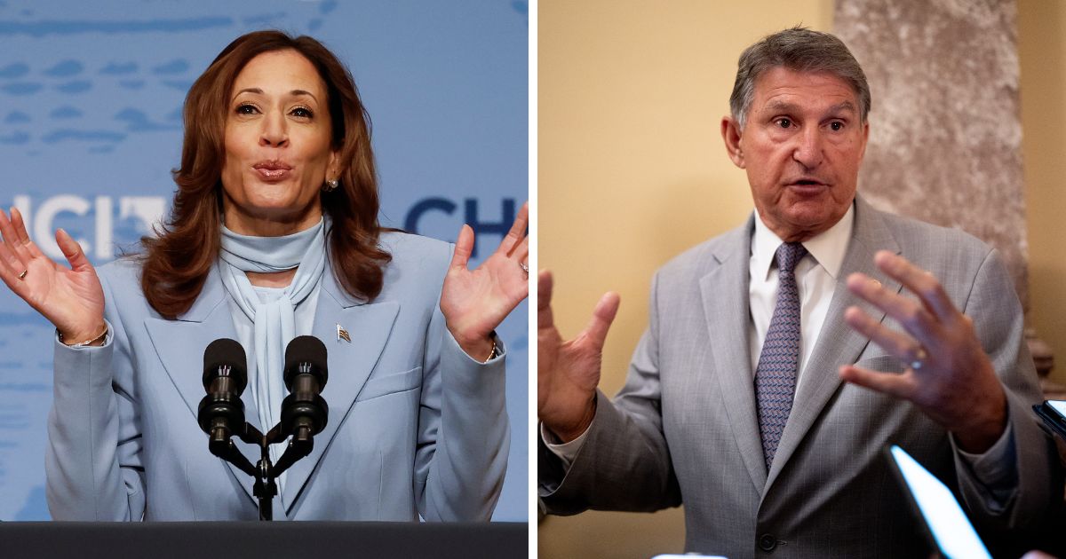 (L) Democratic presidential nominee, U.S. Vice President Kamala Harris delivers remarks at the Congressional Hispanic Caucus Institute's 47th Annual Leadership Conference at the Ronald Reagan Building and International Trade Center on September 18, 2024 in Washington, DC. (R) Sen. Joe Manchin (I-WV) speaks to reporters outside the Senate Chamber on Capitol Hill on June 3, 2024 in Washington, DC.