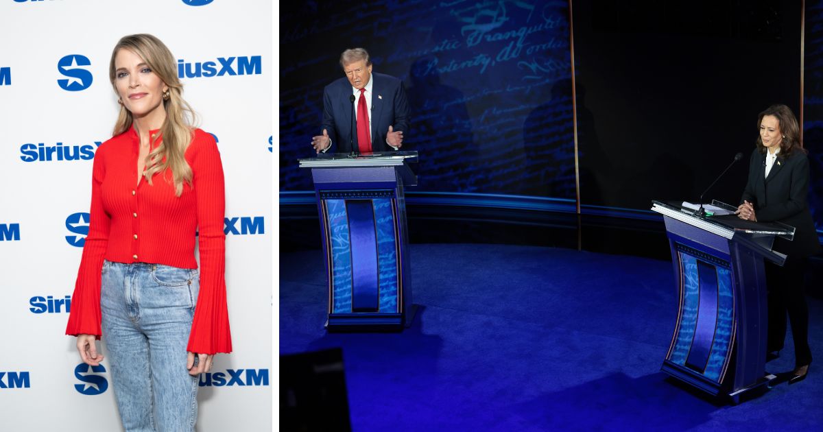 (L) Megyn Kelly visits the SiriusXM Studios on May 20, 2024 in New York City. (R) Republican presidential nominee, former U.S. President Donald Trump and Democratic presidential nominee, U.S. Vice President Kamala Harris debate for the first time during the presidential election campaign at The National Constitution Center on September 10, 2024 in Philadelphia, Pennsylvania.