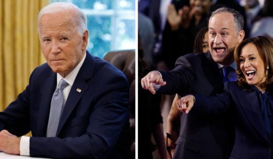 (L) U.S. President Joe Biden speaks to members of the news media while receiving a briefing about the ongoing wildfire season in the Oval Office at the White House on September 17, 2024 in Washington, DC. (R) Second Gentleman Doug Emhoff and Democratic presidential nominee, U.S. Vice President Kamala Harris celebrate after she accepted the Democratic presidential nomination during the final day of the Democratic National Convention at the United Center on August 22, 2024 in Chicago, Illinois.