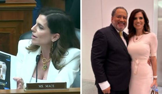 These X screen shots show (L) GOP Rep. Nancy Mace of South Carolina entering flirtatious texts into Congressional record and (R) Mace and author Eric Dyson together.