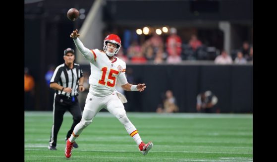 Patrick Mahomes #15 of the Kansas City Chiefs passes the ball against the Atlanta Falcons during the second quarter at Mercedes-Benz Stadium on September 22, 2024 in Atlanta, Georgia.