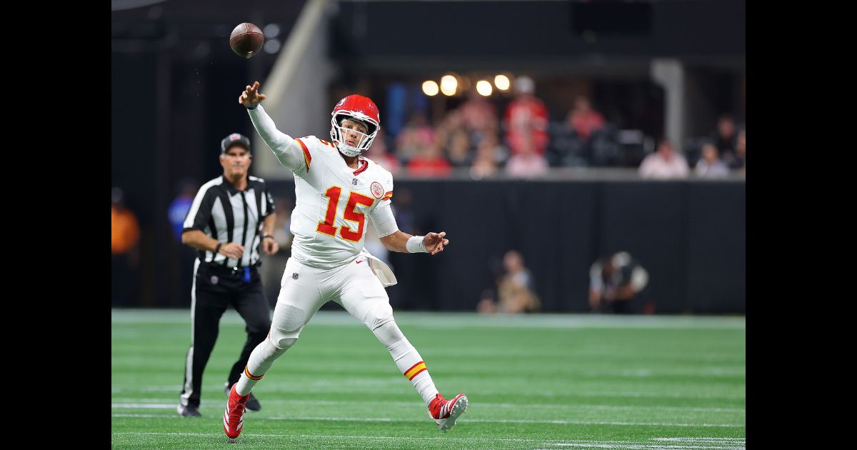 Patrick Mahomes #15 of the Kansas City Chiefs passes the ball against the Atlanta Falcons during the second quarter at Mercedes-Benz Stadium on September 22, 2024 in Atlanta, Georgia.