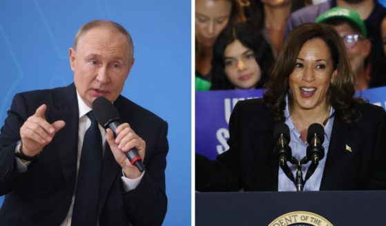 (L) Russian President Vladimir Putin gestures during his meeting with children while visiting the secondary school #20, September 2, 2024, in Kyzyl, Tuva Republic, Russia. (R) Democratic presidential nominee, U.S. Vice President Kamala Harris speaks during a campaign event at IBEW Local Union #5 on September 2, 2024 in Pittsburgh, Pennsylvania.