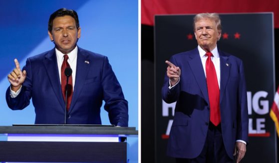 (L) Florida Gov. Ron DeSantis speaks on stage on the second day of the Republican National Convention at the Fiserv Forum on July 16, 2024 in Milwaukee, Wisconsin. (R) Republican presidential nominee, former U.S. President Donald Trump, speaks during a campaign event at the Linda Ronstadt Music Hall on September 12, 2024 in Tucson, Arizona.