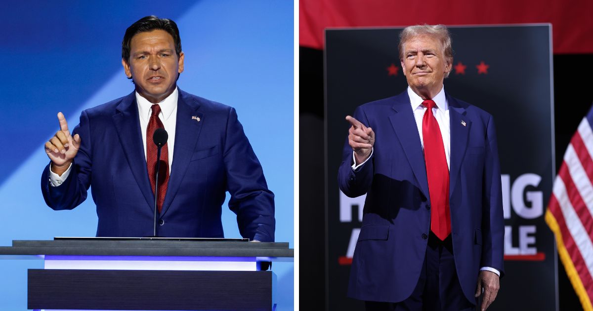 (L) Florida Gov. Ron DeSantis speaks on stage on the second day of the Republican National Convention at the Fiserv Forum on July 16, 2024 in Milwaukee, Wisconsin. (R) Republican presidential nominee, former U.S. President Donald Trump, speaks during a campaign event at the Linda Ronstadt Music Hall on September 12, 2024 in Tucson, Arizona.