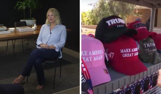 These YouTube screen shots show (L) Arizona Cardinals fan Susan Rosener being interviewed about having her MAGA hat taken and (R) various images of Donald Trump-related merchandise.