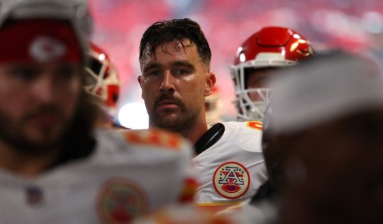 Travis Kelce #87 of the Kansas City Chiefs walks off the field after warm ups prior to the game against the Atlanta Falcons at Mercedes-Benz Stadium on September 22, 2024 in Atlanta, Georgia.