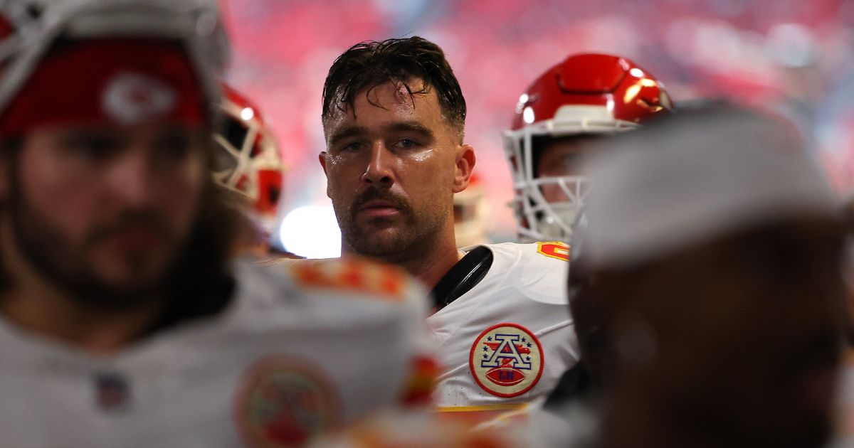 Travis Kelce #87 of the Kansas City Chiefs walks off the field after warm ups prior to the game against the Atlanta Falcons at Mercedes-Benz Stadium on September 22, 2024 in Atlanta, Georgia.