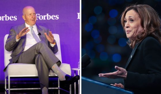 (L) Goldman Sachs CEO David Solomon speaks during the 2023 Forbes Iconoclast Summit at Pier 60 on June 12, 2023 in New York City. (R) Democratic presidential nominee, U.S. Vice President Kamala Harris speaks at a campaign rally at the Greensboro Coliseum September 12, 2024 in Greensboro, North Carolina.