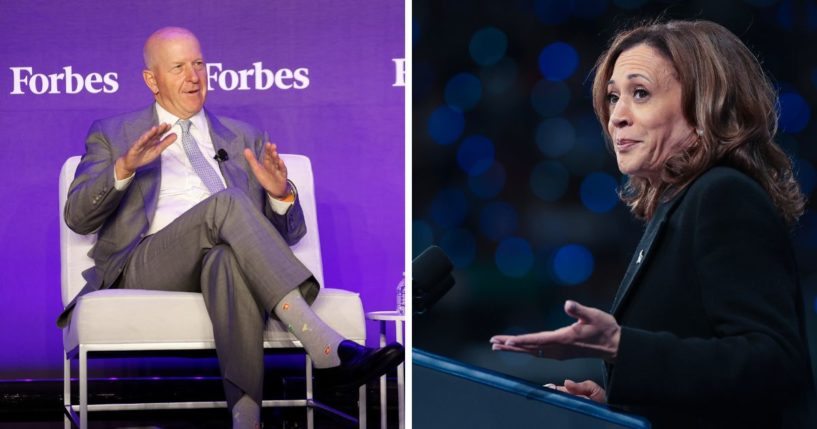 (L) Goldman Sachs CEO David Solomon speaks during the 2023 Forbes Iconoclast Summit at Pier 60 on June 12, 2023 in New York City. (R) Democratic presidential nominee, U.S. Vice President Kamala Harris speaks at a campaign rally at the Greensboro Coliseum September 12, 2024 in Greensboro, North Carolina.