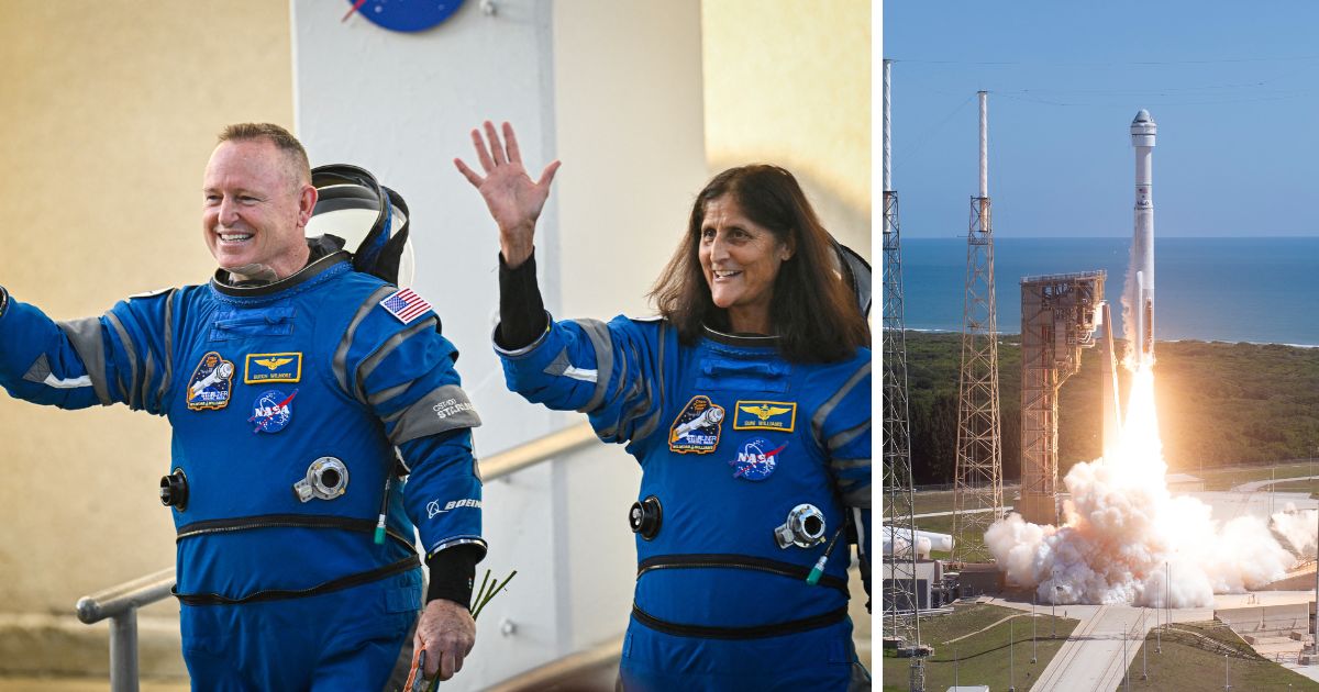 (L) NASA astronauts Butch Wilmore (L) and Suni Williams, wearing Boeing spacesuits, wave as they prepare to depart the Neil A. Armstrong Operations and Checkout Building at Kennedy Space Center for Launch Complex 41 at Cape Canaveral Space Force Station in Florida to board the Boeing CST-100 Starliner spacecraft for the Crew Flight Test launch, on June 5, 2024. (R) A United Launch Alliance Atlas V rocket with Boeing's CST-100 Starliner spacecraft aboard launches from Space Launch Complex 41 at Cape Canaveral Space Force Station, June 5, 2024, in Cape Canaveral, Florida.