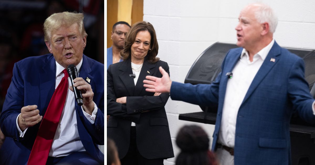 (L) Republican presidential nominee, former U.S. President Donald Trump holds his first campaign event since a man carrying a rifle was arrested Sunday near where Trump was playing golf at his club in Florida, in the Dort Financial Center on September 17, 2024 in Flint, Michigan. (R) Democratic presidential candidate US Vice President Kamala Harris listen to her running mate, Governor Tim Walz, speak during a visit with members of the marching band at Liberty County High School in Hinesville, Georgia, August 28, 2024.