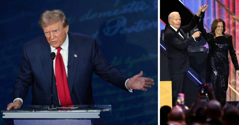 (L) Republican presidential nominee, former U.S. President Donald Trump, debates Democratic presidential nominee, U.S. Vice President Kamala Harris, for the first time during the presidential election campaign at The National Constitution Center on September 10, 2024 in Philadelphia, Pennsylvania. (R) U.S. President Joe Biden introduces Democratic presidential nominee, U.S. Vice President Kamala Harris at the Congressional Black Caucus Foundation 2024 Phoenix Awards at the Walter E. Washington Convention Center on September 14, 2024 in Washington, DC.