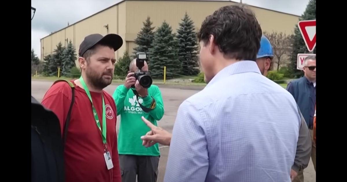 This YouTube screen shot shows Canadian Prime Minister Justin Trudeau speaking to a steel worker in Canada.