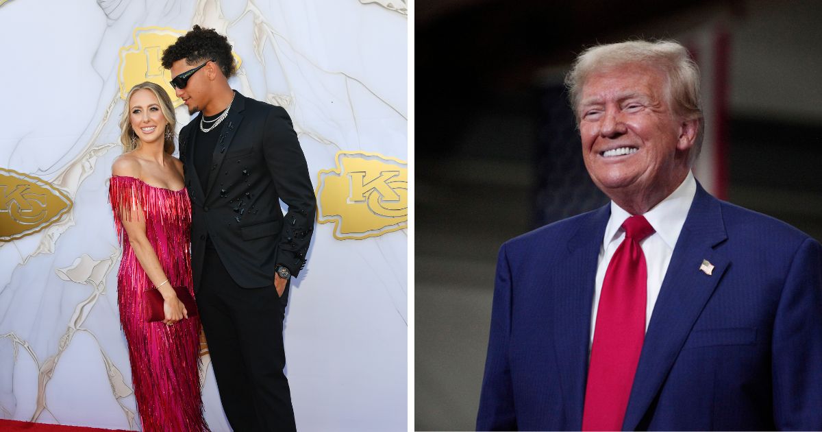 Brittany and Patrick Mahomes, left, arrive on the red carpet prior to the Kansas City Chiefs Super Bowl Ring Ceremony at the Nelson-Atkins Museum of Art on June 13 in Kansas City, Missouri. Former U.S. President and current Republican Presidential nominee Donald Trump, right, speaks about the economy, inflation, and manufacturing during a campaign event at Alro Steel on Aug. 29 in Potterville, Michigan.