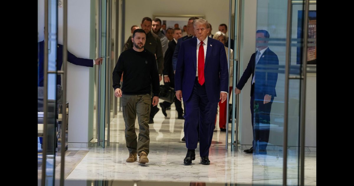 Ukrainian President Volodymyr Zelensky and Republican presidential nominee, former U.S. President Donald Trump, gather for a meeting on September 27, 2024 in New York City.