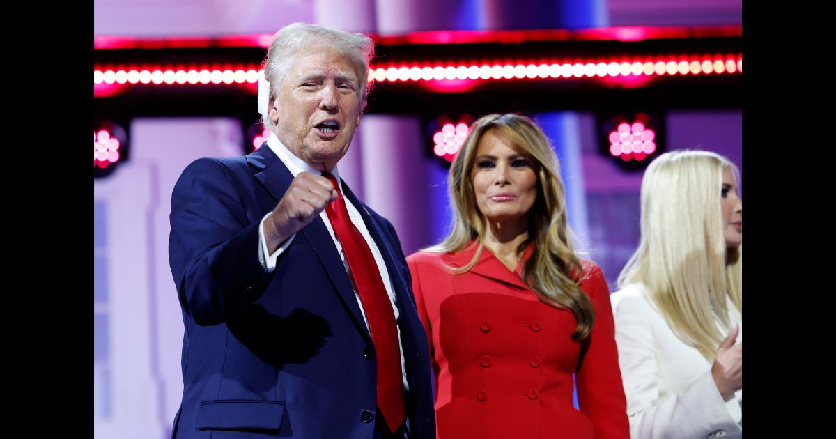 Republican presidential candidate, former U.S. President Donald Trump and Former first lady Melania Trump on stage and the conclusion of the fourth day of the Republican National Convention at the Fiserv Forum on July 18, 2024 in Milwaukee, Wisconsin.