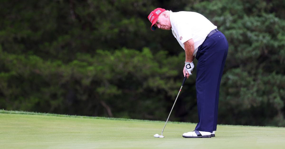 Former President Donald Trump putts on the fourth green during the pro-am prior to the LIV Golf Invitational - Bedminster at Trump National Golf Club on August 10, 2023 in Bedminster, New Jersey.