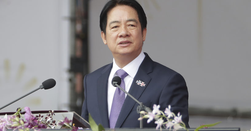 Taiwanese President Lai Ching-te delivers a speech during National Day celebrations in front of the Presidential Building in Taipei, Taiwan, on Thursday.